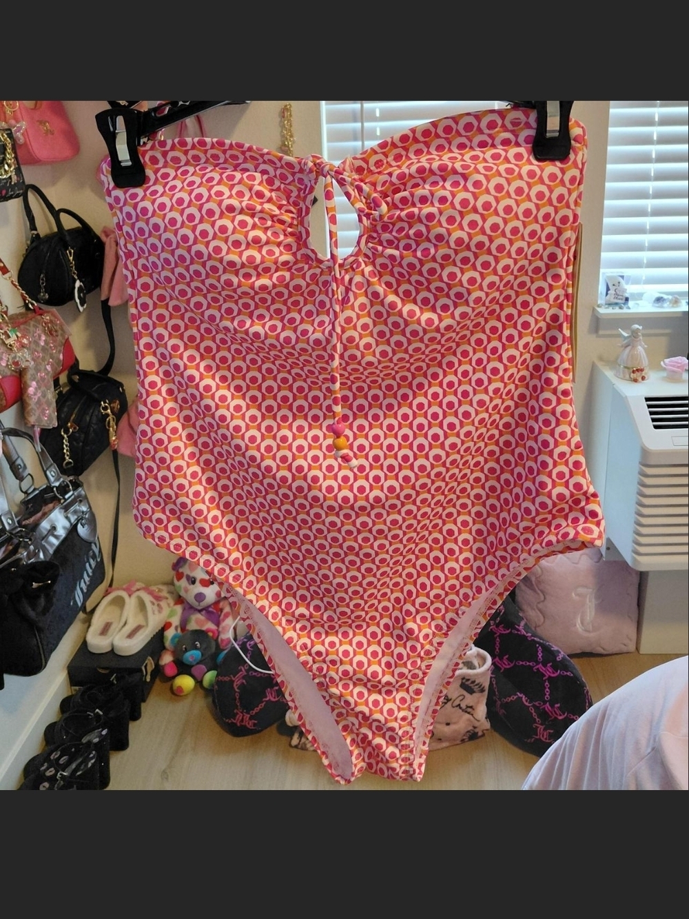 No Boundaries Pink and White Retro Ring-Print One-Piece Swimsuit